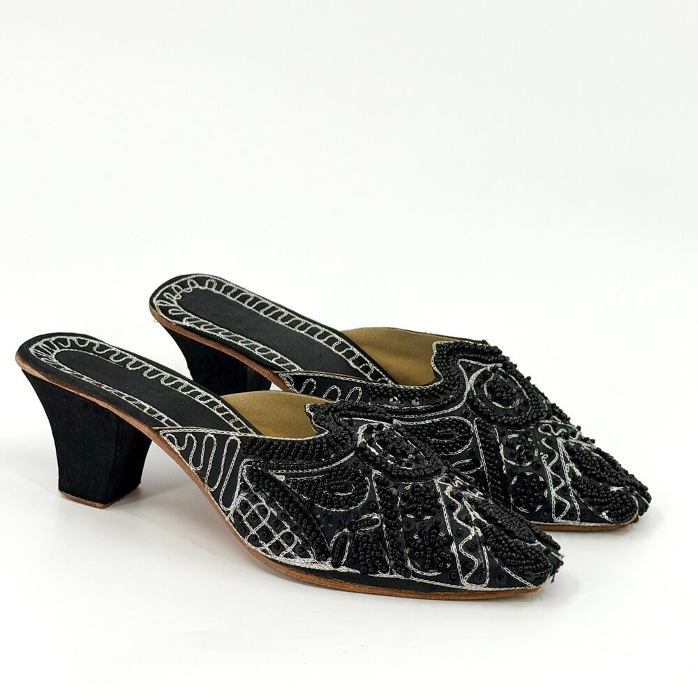 Vintage 90s Beachcombers Black Beaded Satin Mules